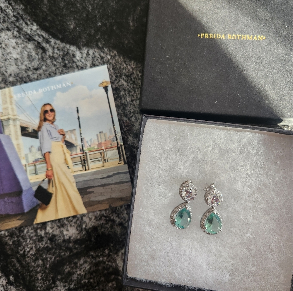 Freida Rothman Caribbean Mist Aqua Drop Earrings, Sterling Silver, New In Box